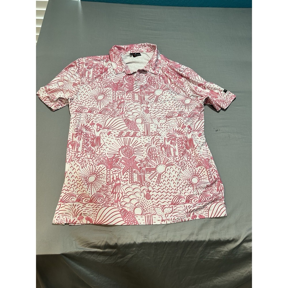 Yatta Golf Shirt Mens Pink/White Polo Hawaiian Abstract Stretch‎ Lightweight 2XL